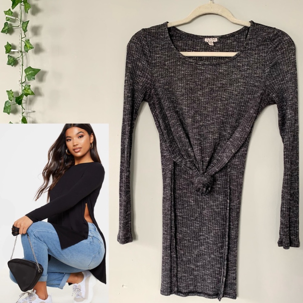 Eyeshadow Grey Ribbed Side Slit Long Sleeve Top